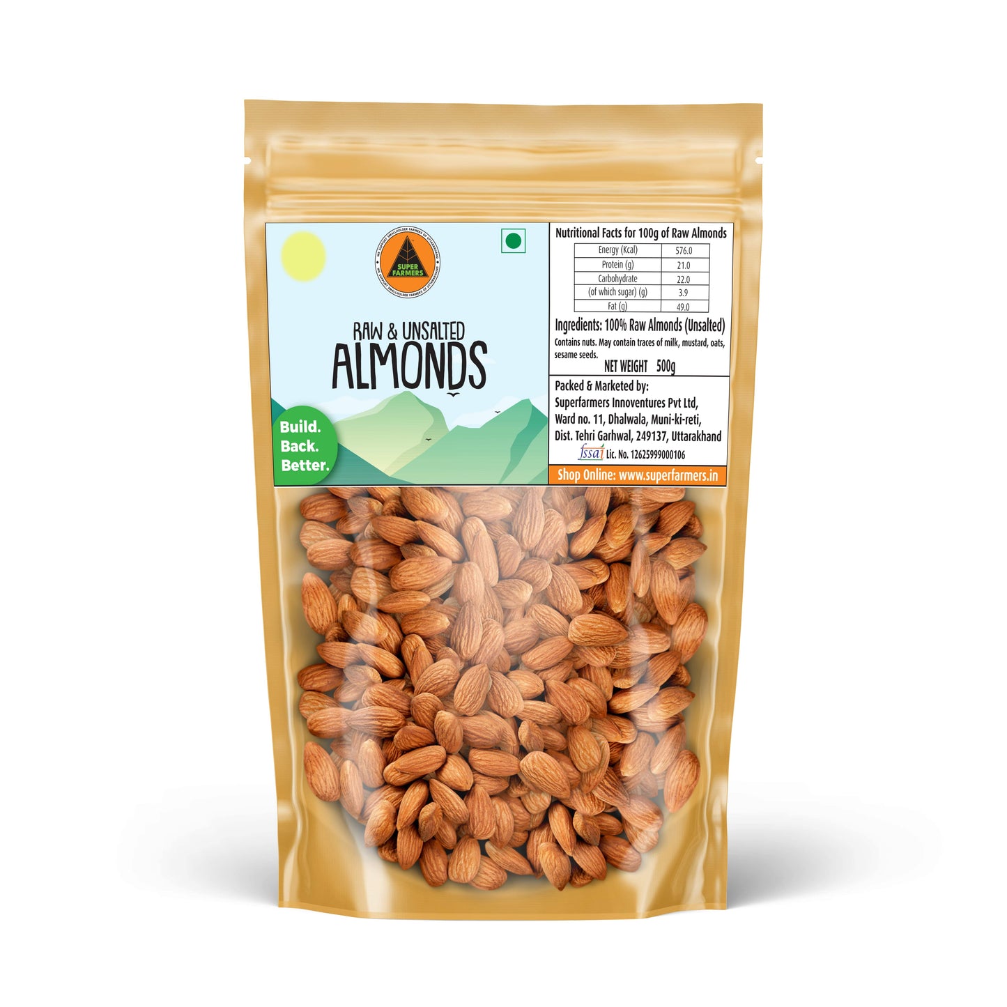 Superfarmers raw and unsalted almonds premium badam kernels 500g pack