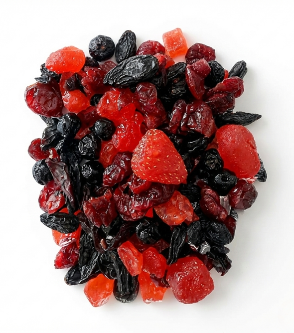 Superfarmers Dried Berry Mix 200g resealable pouch showing a vibrant blend of red and dark dried berries like strawberries, blueberries, and cherries through a transparent window.