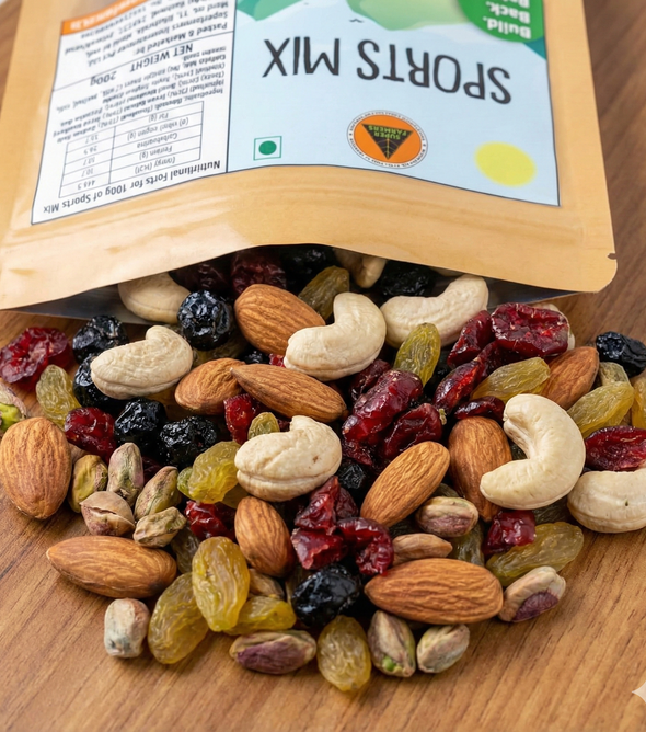 Packet of Superfarmers Sports Mix 500g showing a blend of almonds, cashews, cranberries, blueberries, and pistachios.