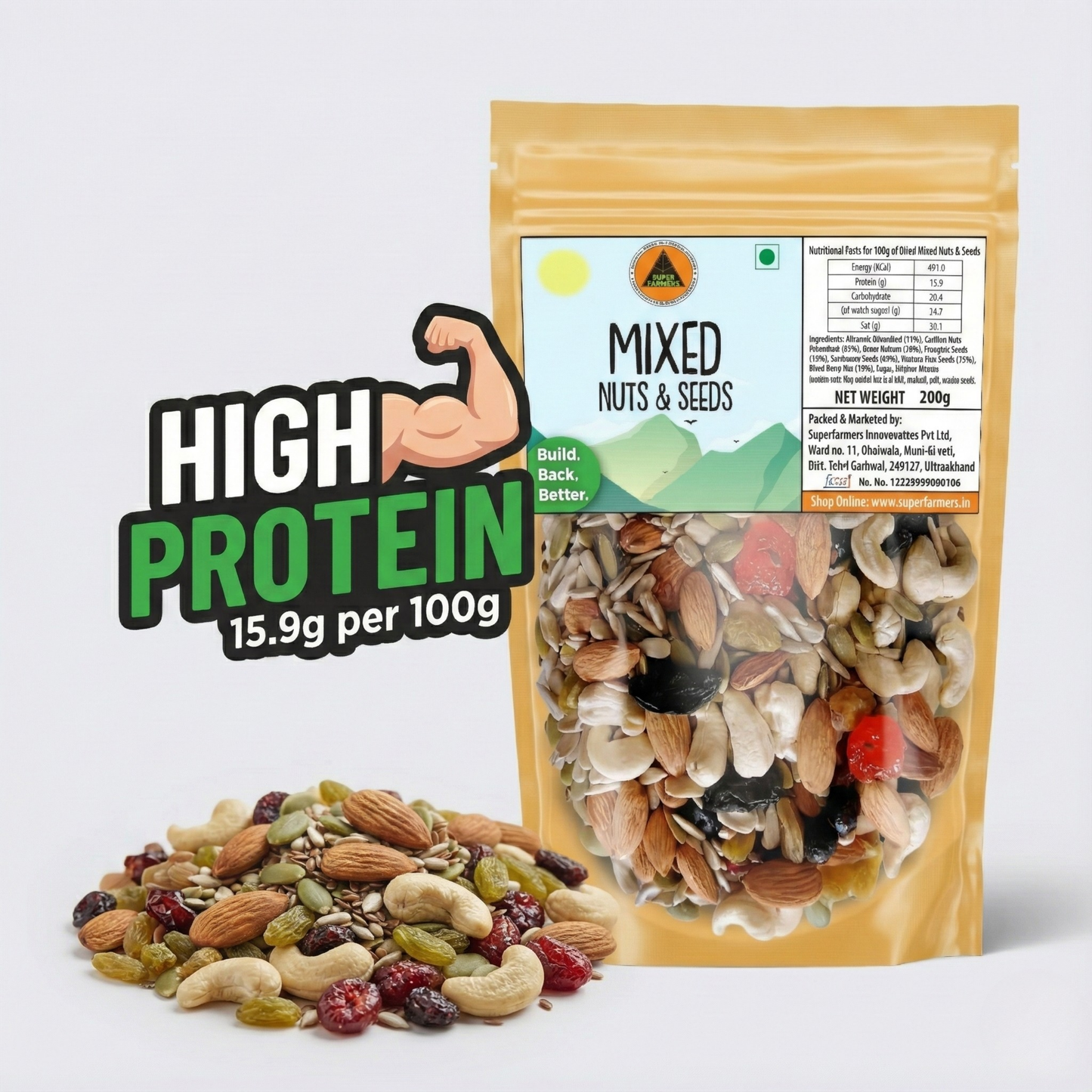 Superfarmers Premium Mixed Nuts & Seeds – High Protein Trail Mix with Almonds, Cashews & Berries (200g / 500g)