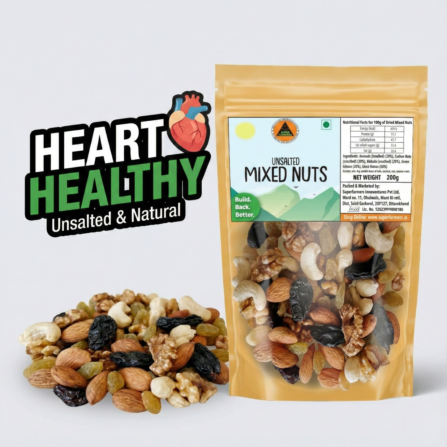 Superfarmers Unsalted Mixed Nuts – Premium Dry Fruit Blend with Walnuts, Almonds, Cashews & Raisins (100g / 200g / 500g)