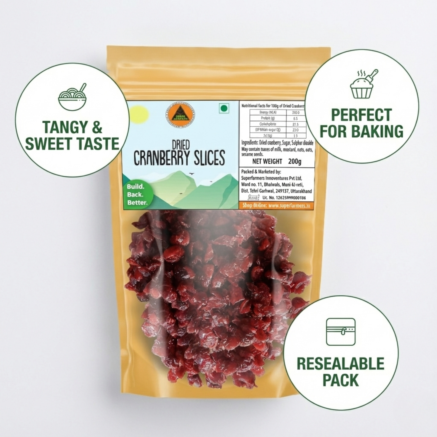 Superfarmers Dried Cranberry Slices 200g– Sweet & Tangy Premium Fruit Snack