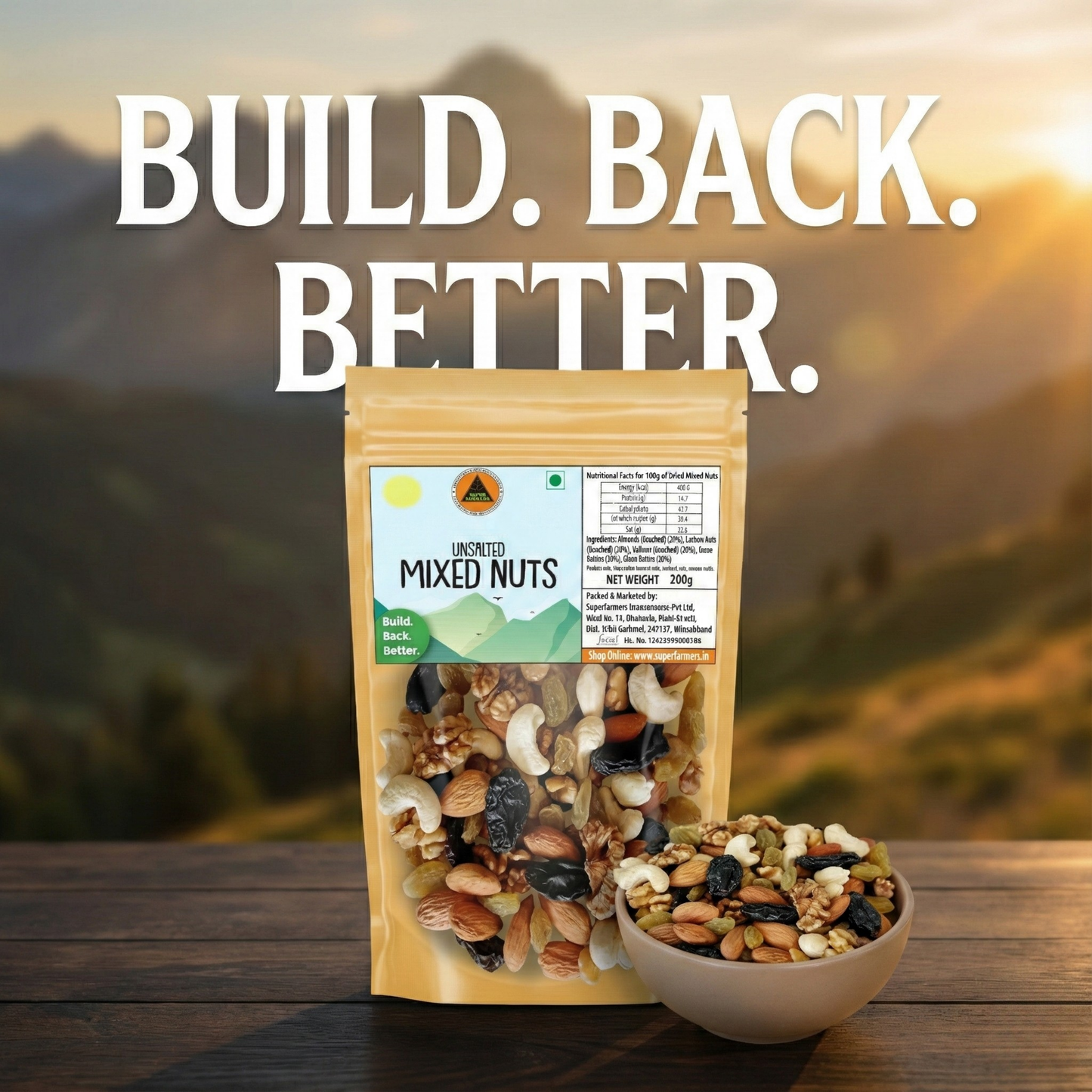 Superfarmers Unsalted Mixed Nuts – Premium Dry Fruit Blend with Walnuts, Almonds, Cashews & Raisins (100g / 200g / 500g)