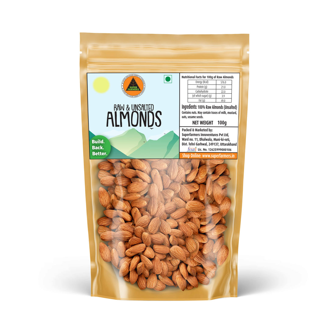 Superfarmers raw and unsalted almonds premium badam kernels 100g pack