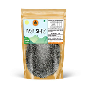 Superfarmers Basil Seeds (Sabja) 100g stand-up pouch packaging with nutritional information and "Local Produce of India" label.