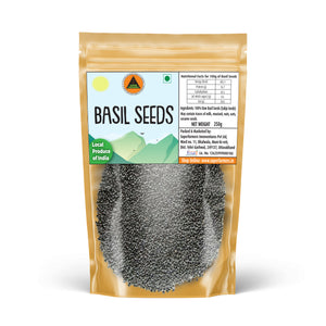 Superfarmers Basil Seeds (Sabja) 250g stand-up pouch packaging with nutritional information and "Local Produce of India" label.