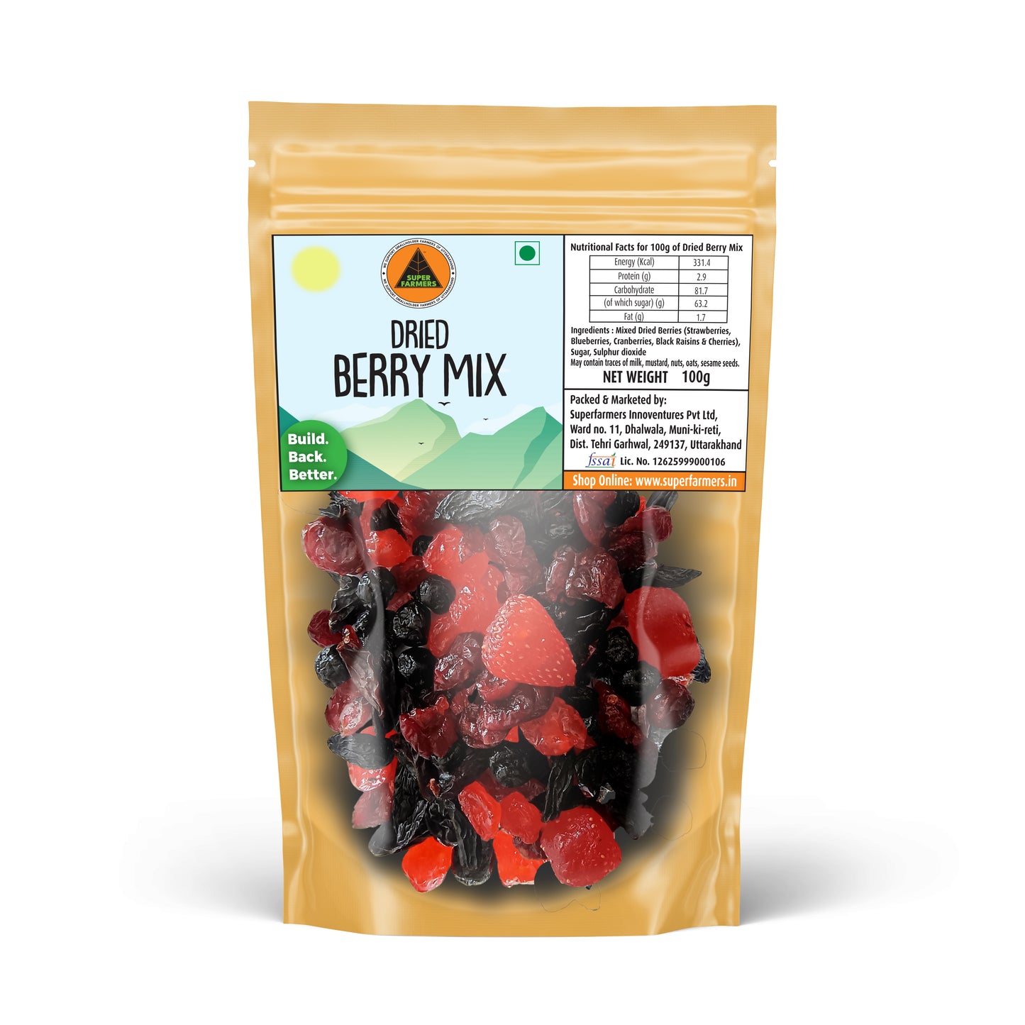 Superfarmers Dried Berry Mix 100g resealable pouch showing a vibrant blend of red and dark dried berries like strawberries, blueberries, and cherries through a transparent window.