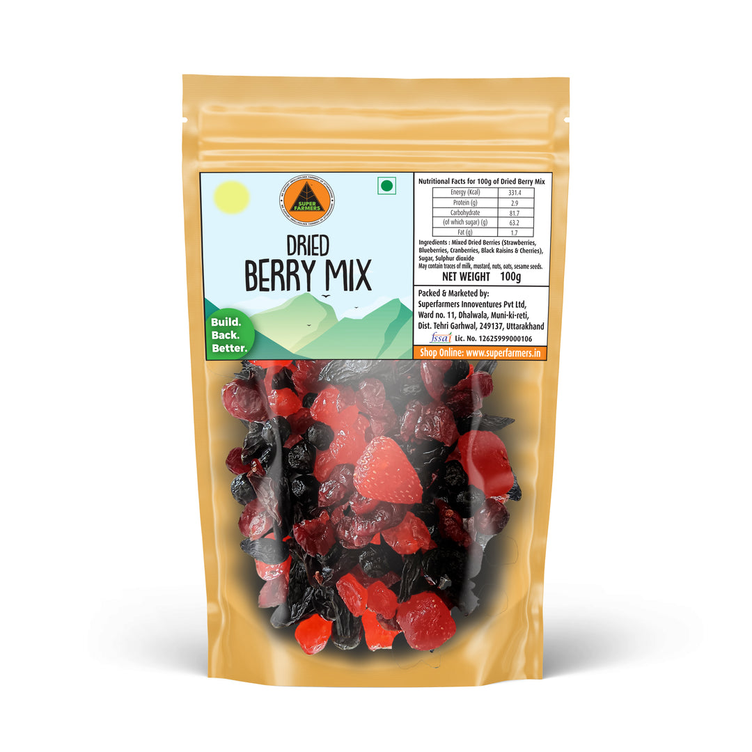Superfarmers Dried Berry Mix 100g resealable pouch showing a vibrant blend of red and dark dried berries like strawberries, blueberries, and cherries through a transparent window.