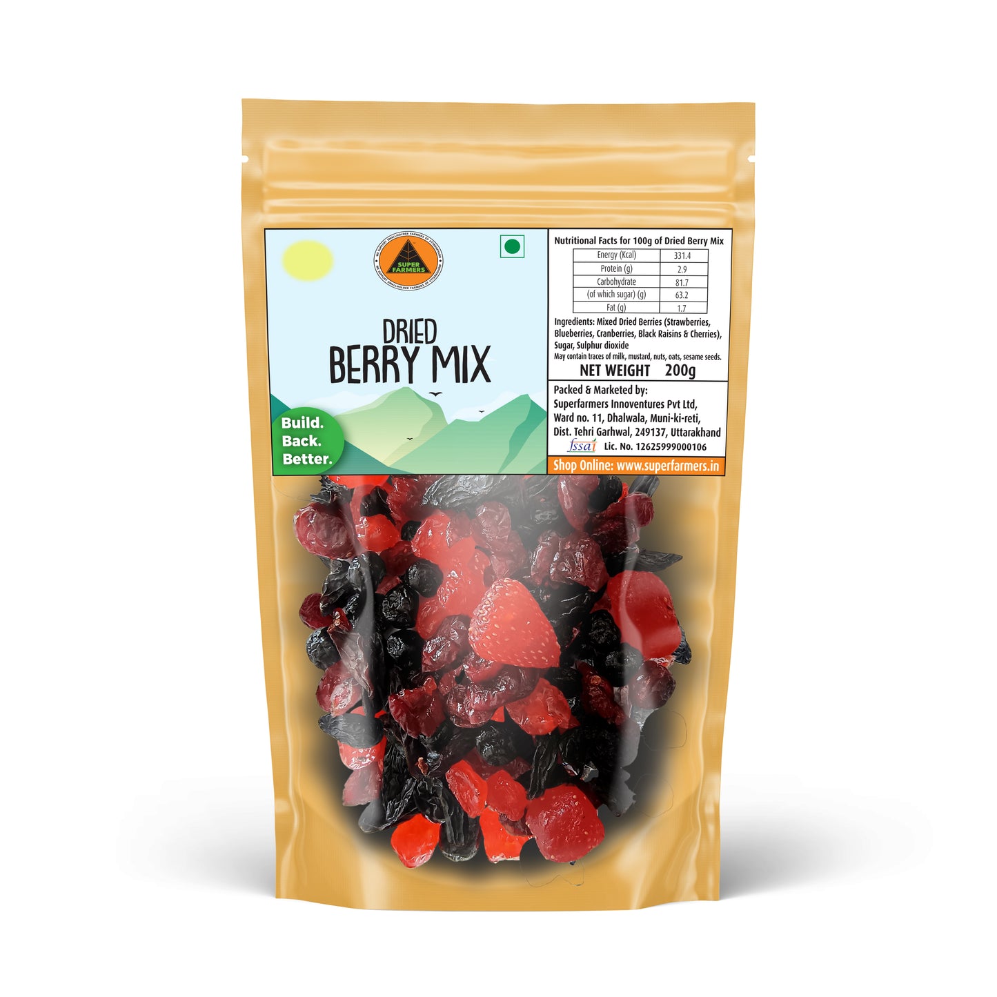 Superfarmers Dried Berry Mix 200g resealable pouch showing a vibrant blend of red and dark dried berries like strawberries, blueberries, and cherries through a transparent window.