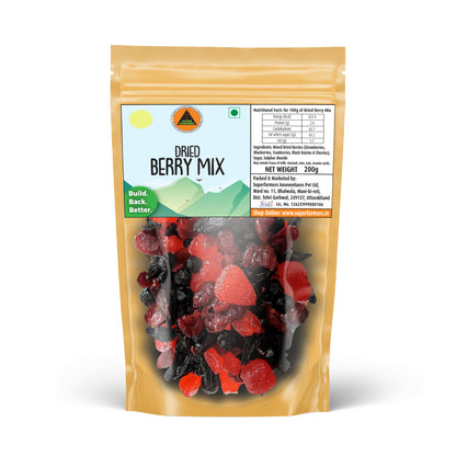 Superfarmers Dried Berry Mix 200g resealable pouch showing a vibrant blend of red and dark dried berries like strawberries, blueberries, and cherries through a transparent window.