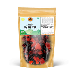 Superfarmers Dried Berry Mix 200g resealable pouch showing a vibrant blend of red and dark dried berries like strawberries, blueberries, and cherries through a transparent window.