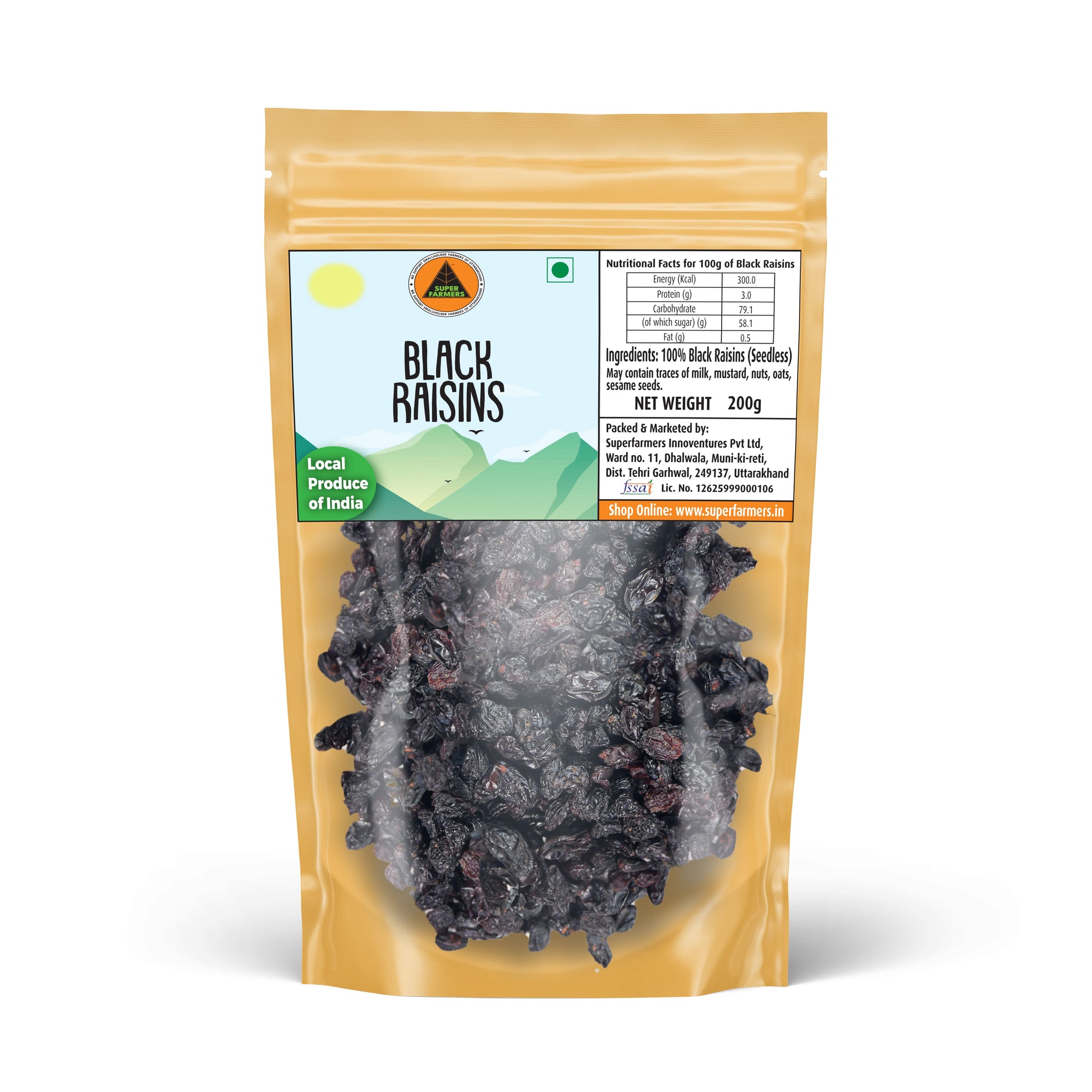 Superfarmers premium black raisins seedless 200g pack Indian produce