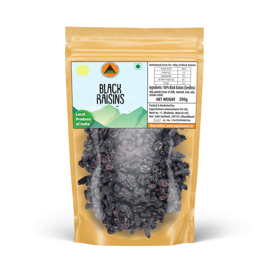 Superfarmers premium black raisins seedless 200g pack Indian produce