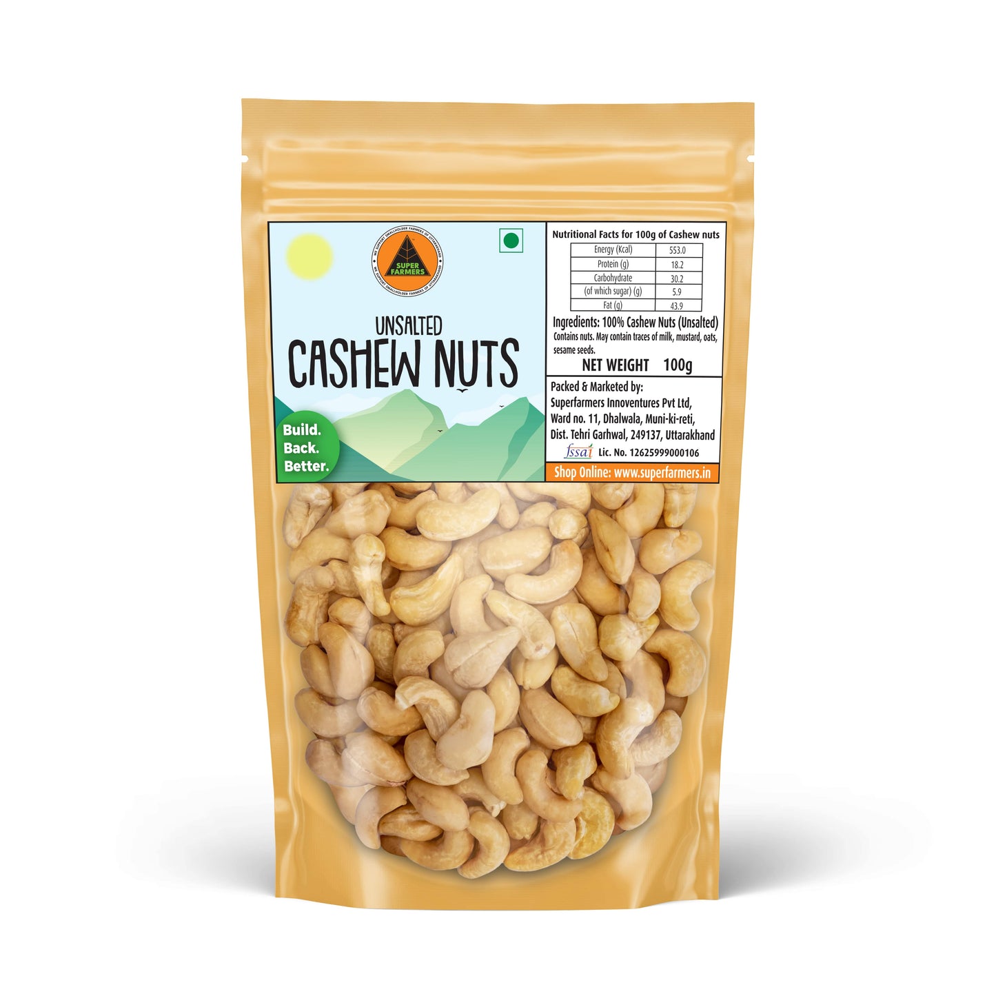 Superfarmers unsalted cashew nuts whole kaju kernels 100g pack