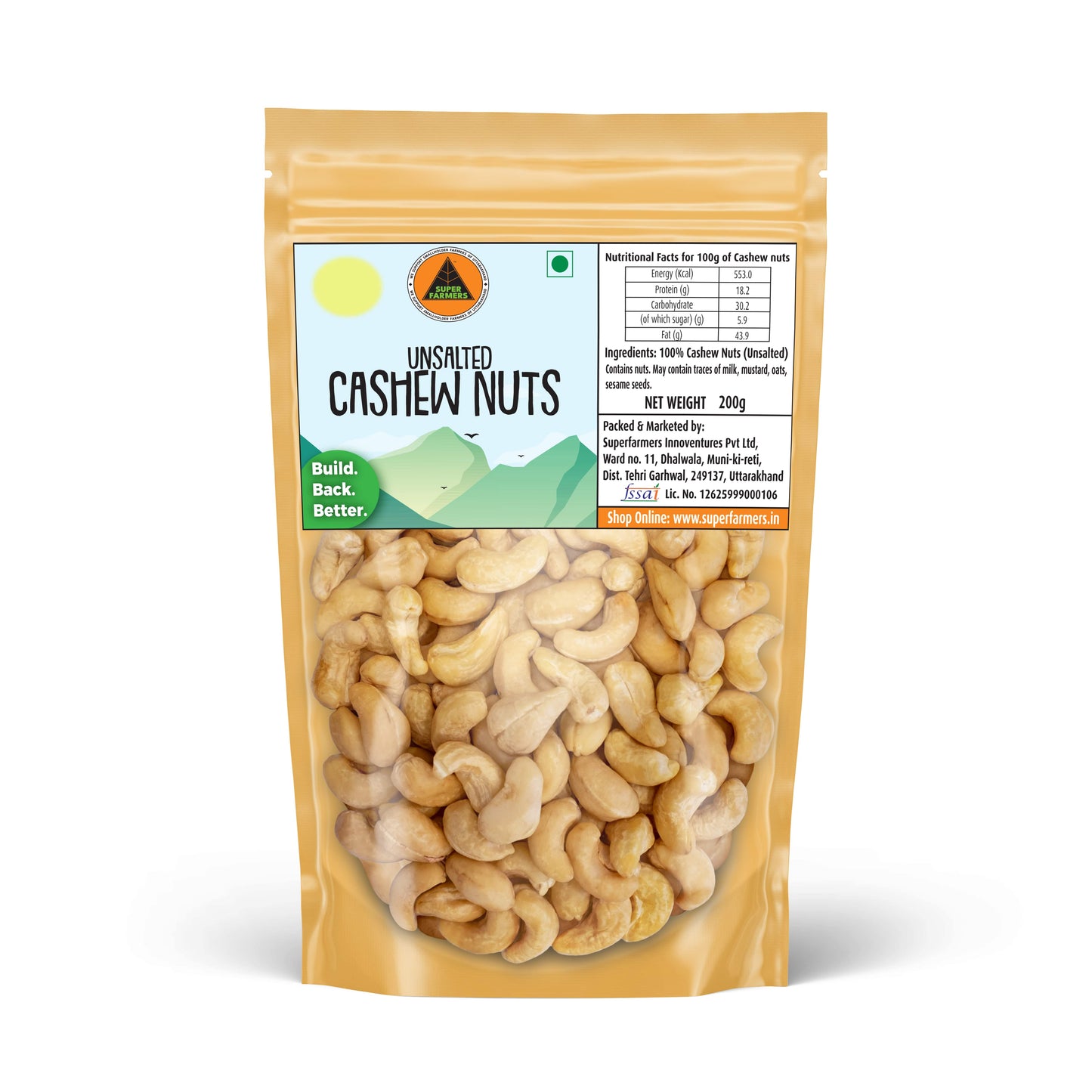 Superfarmers unsalted cashew nuts whole kaju kernels 200g pack