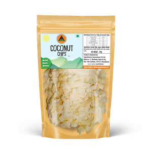 Superfarmers Coconut Chips 200g resealable pouch showing thin, white, sweetened coconut flakes through a transparent window.