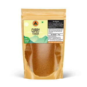 Superfarmers Curry Powder 100g stand-up pouch showing the golden-brown spice blend, labeled Local Produce of India.