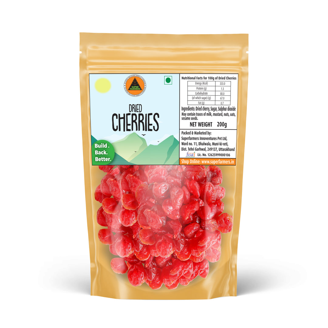 Superfarmers Dried Cherries 200g resealable pouch showing plump, red pitted dried cherries through a transparent window.
