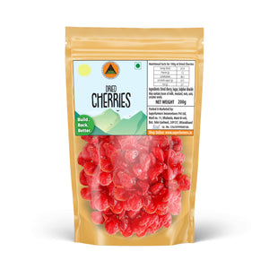 Superfarmers Dried Cherries 200g resealable pouch showing plump, red pitted dried cherries through a transparent window.