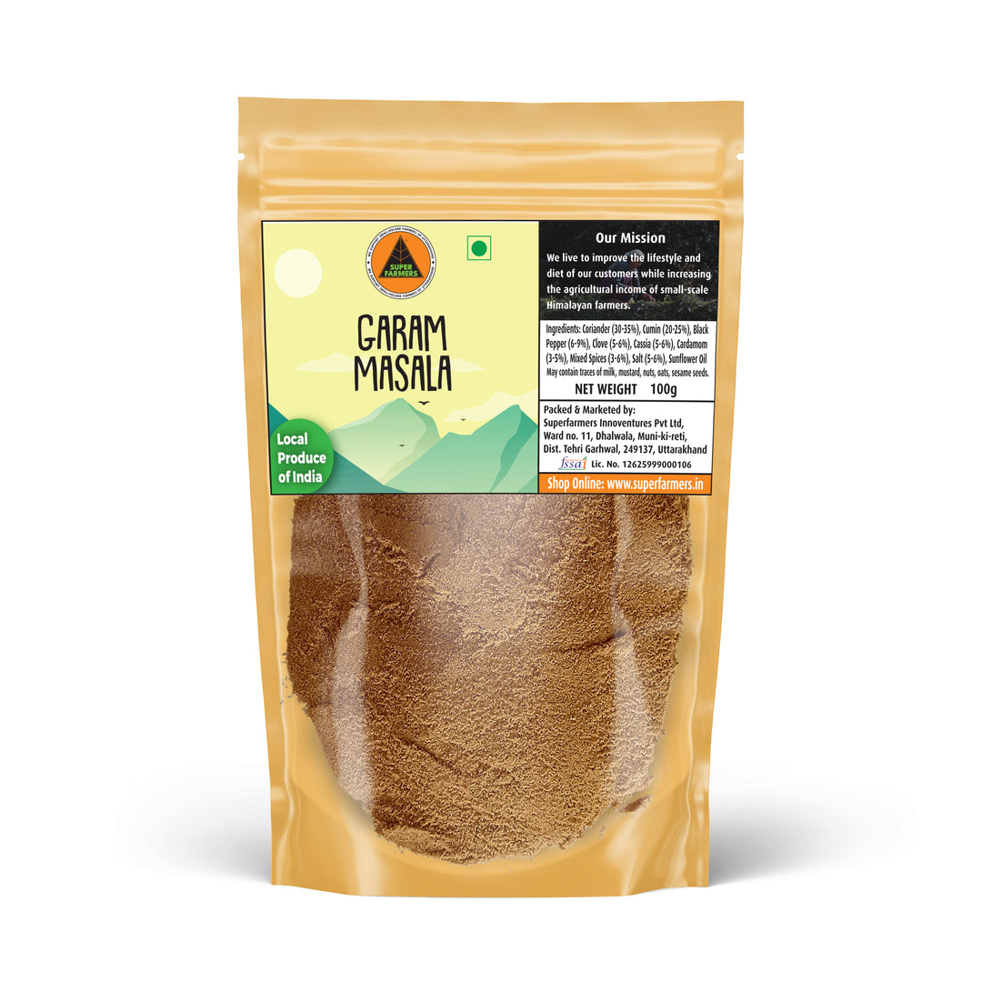 Superfarmers Garam Masala 100g stand-up pouch showing the brown spice powder, labeled Local Produce of India.