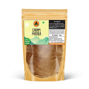 Superfarmers Garam Masala 100g stand-up pouch showing the brown spice powder, labeled Local Produce of India.
