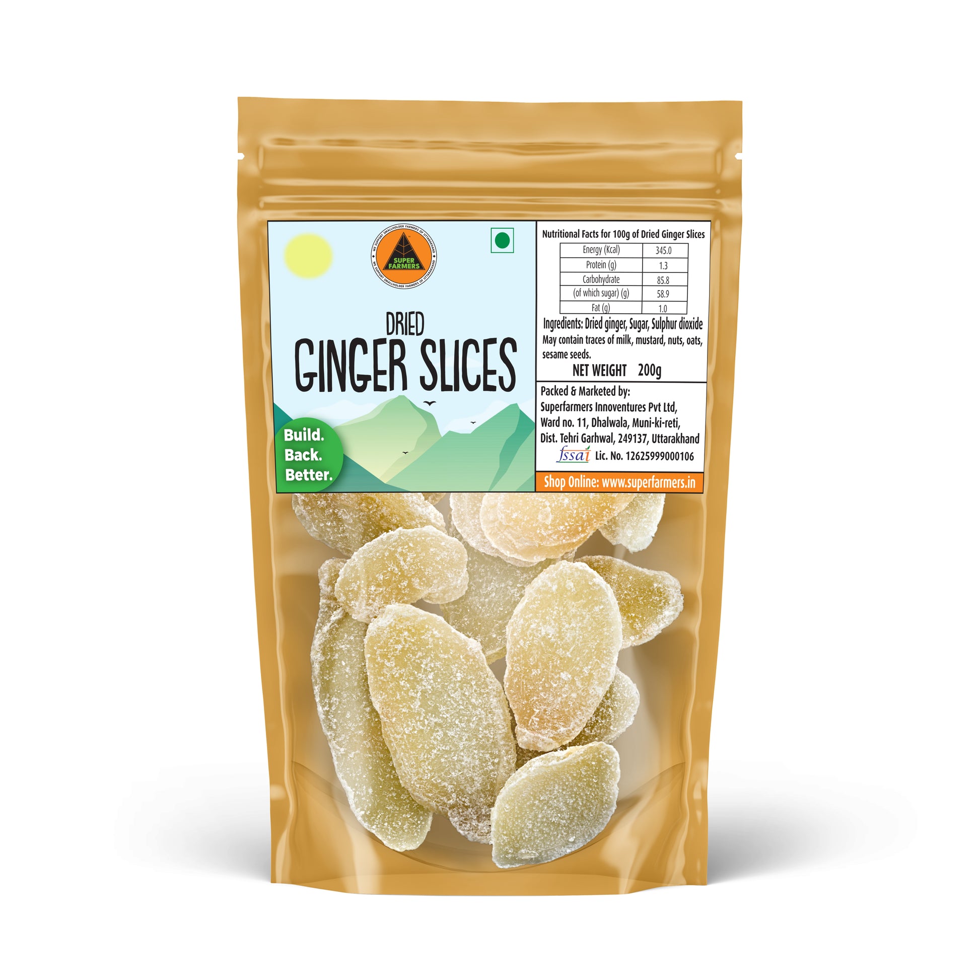 Superfarmers Dried Ginger Slices 200g resealable pouch showing sugar-coated, golden-brown ginger pieces through a transparent window.