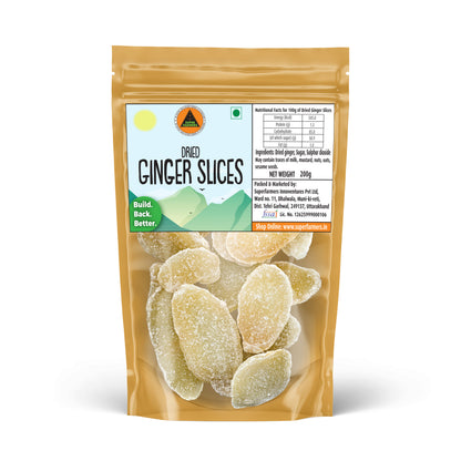 Superfarmers Dried Ginger Slices 200g resealable pouch showing sugar-coated, golden-brown ginger pieces through a transparent window.