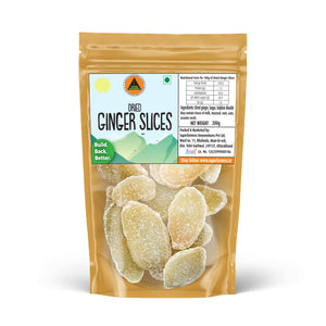 Superfarmers Dried Ginger Slices 200g resealable pouch showing sugar-coated, golden-brown ginger pieces through a transparent window.