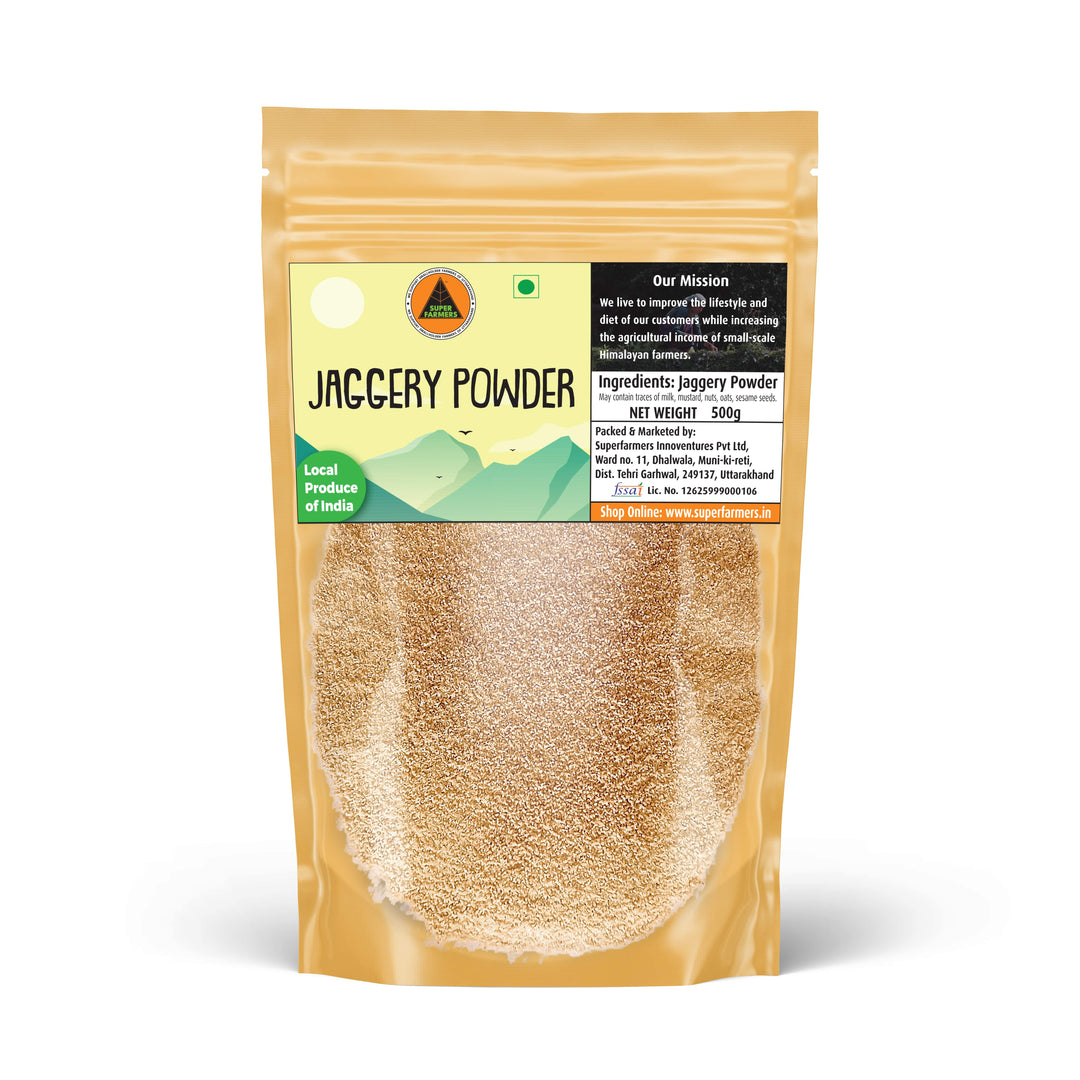 Superfarmers Premium Himalayan Jaggery Powder 500g stand-up pouch showing golden granular desi shakkar through the clear window.