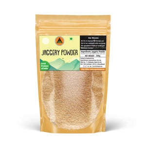Superfarmers Premium Himalayan Jaggery Powder 500g stand-up pouch showing golden granular desi shakkar through the clear window.