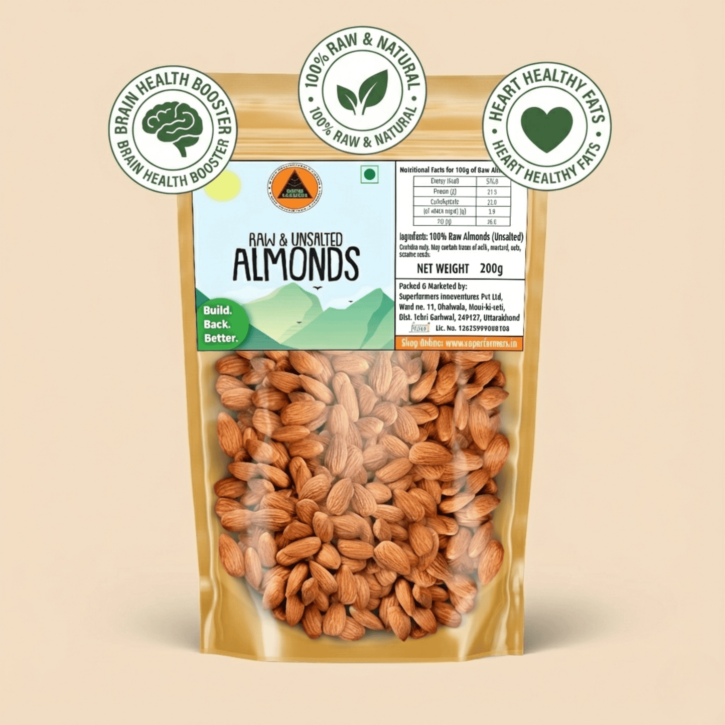 Superfarmers Raw & Unsalted Almonds – Premium Badam Kernels for Brain Health (200g / 500g)