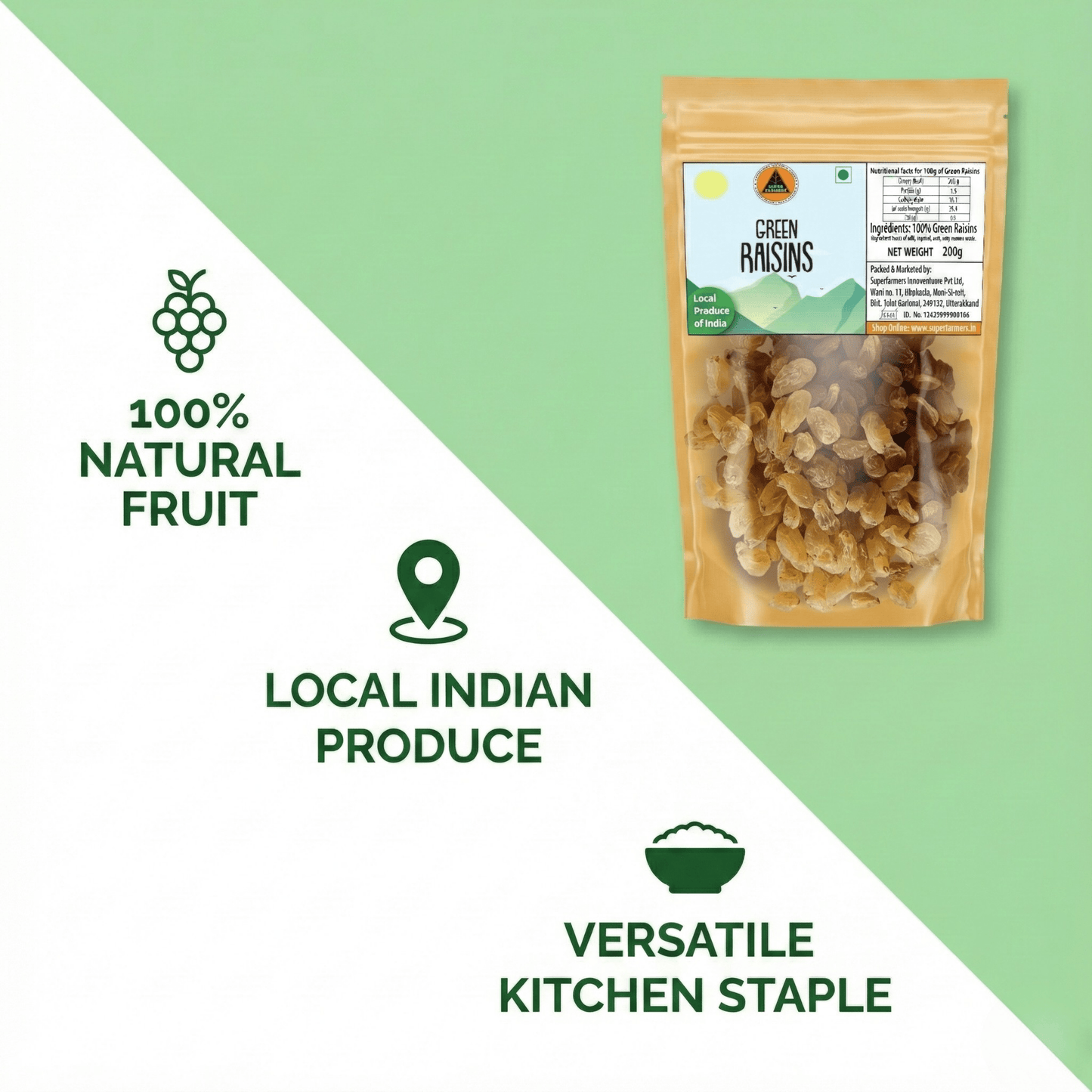 Superfarmers Premium Green Raisins (Kishmish) – 100% Natural Indian Harvest (200g / 500g)