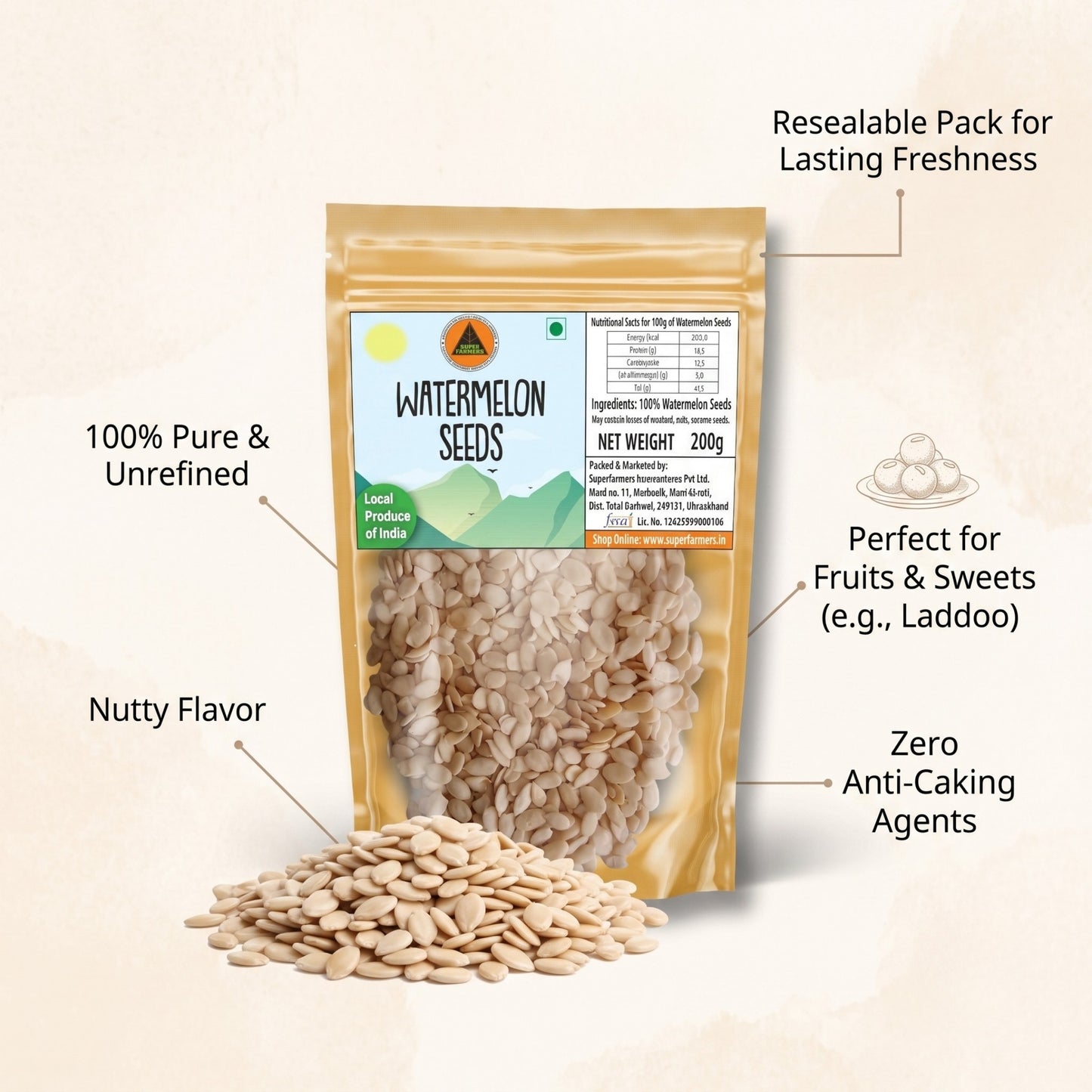 Superfarmers Premium Raw Watermelon Seeds – Natural & Unroasted, 200g