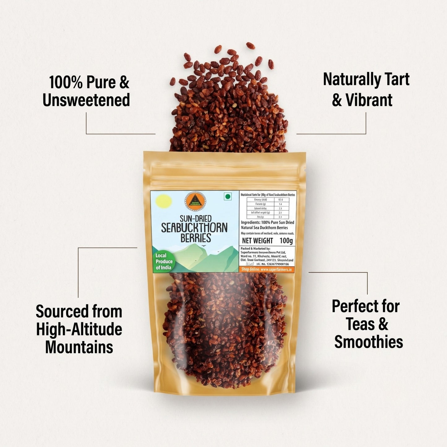 Superfarmers Premium Sun-Dried Seabuckthorn Berries – Pure & Natural, 100g