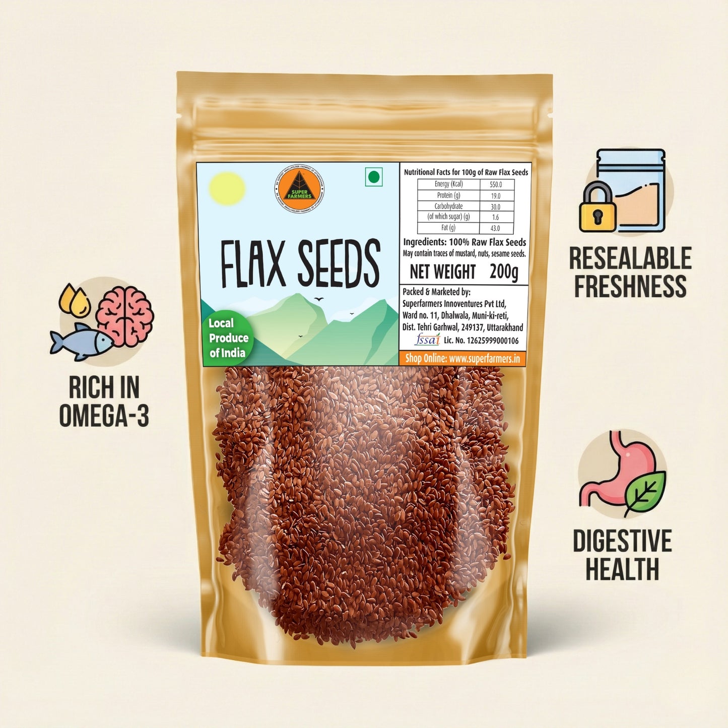 Superfarmers Premium Raw Flax Seeds (200g) | 100% Natural Local Produce