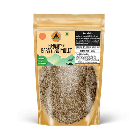 Superfarmers Premium Himalayan Barnyard Millet Pahadi Jhangora 500g pouch showcasing unpolished grains.
