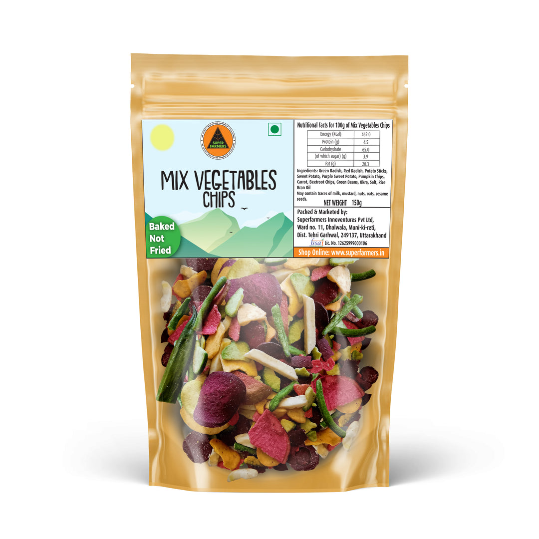 Superfarmers Mix Vegetable Chips 150g pack displaying colorful baked okra, beetroot, and sweet potato chips in a stand-up pouch.