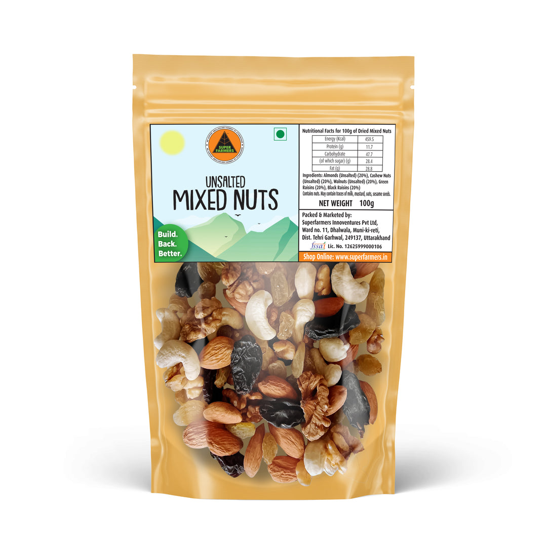 Superfarmers Unsalted Mixed Nuts – Premium Dry Fruit Blend with Walnuts, Almonds, Cashews & Raisins (100g / 200g / 500g)