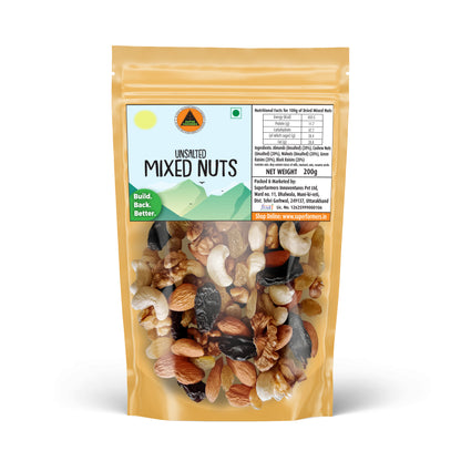 Superfarmers Unsalted Mixed Nuts 200g resealable pouch featuring a visible mix of walnuts, almonds, cashews, and black and green raisins.