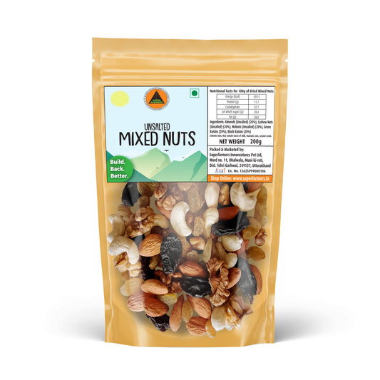 Superfarmers Unsalted Mixed Nuts 200g resealable pouch featuring a visible mix of walnuts, almonds, cashews, and black and green raisins.