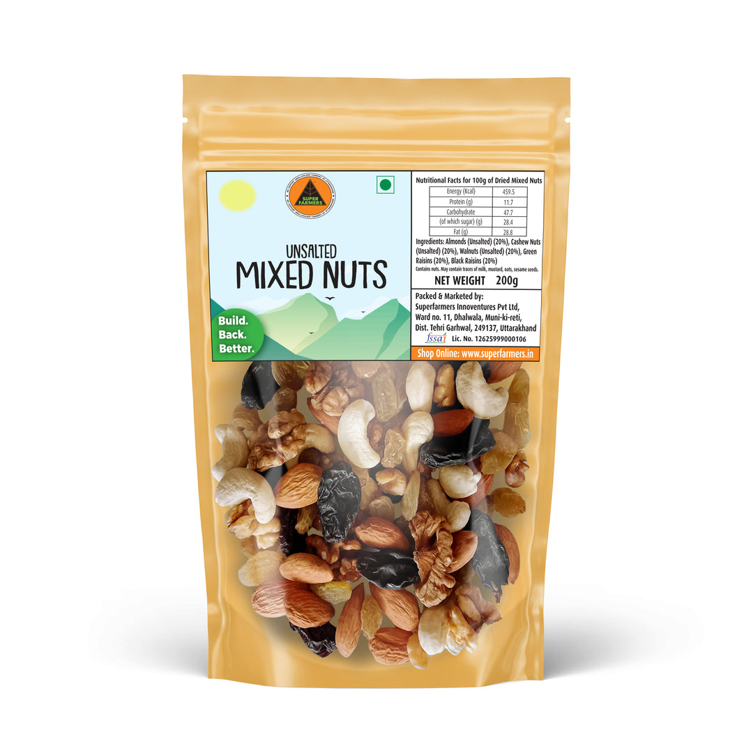 Superfarmers Unsalted Mixed Nuts 200g resealable pouch featuring a visible mix of walnuts, almonds, cashews, and black and green raisins.