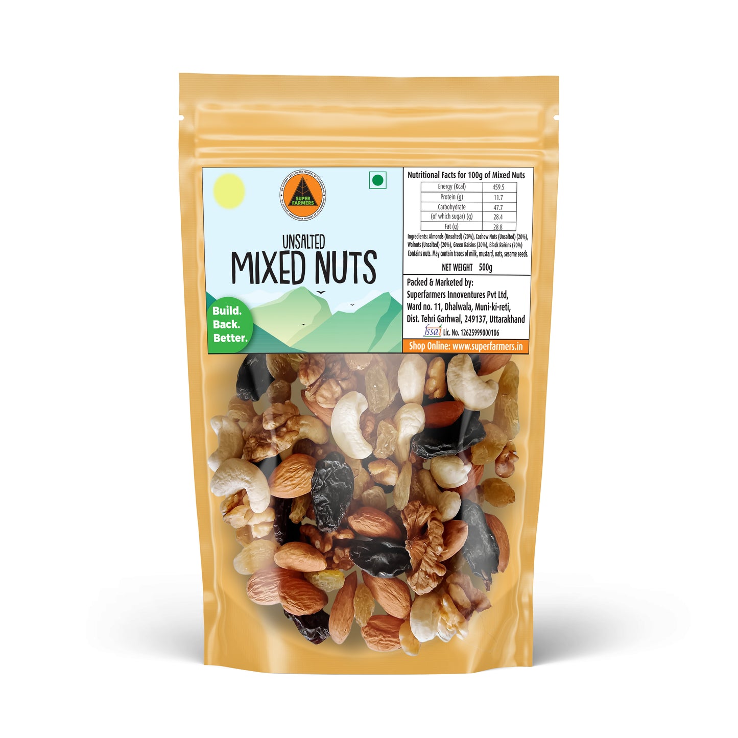 Superfarmers Unsalted Mixed Nuts 500g resealable pouch featuring a visible mix of walnuts, almonds, cashews, and black and green raisins.