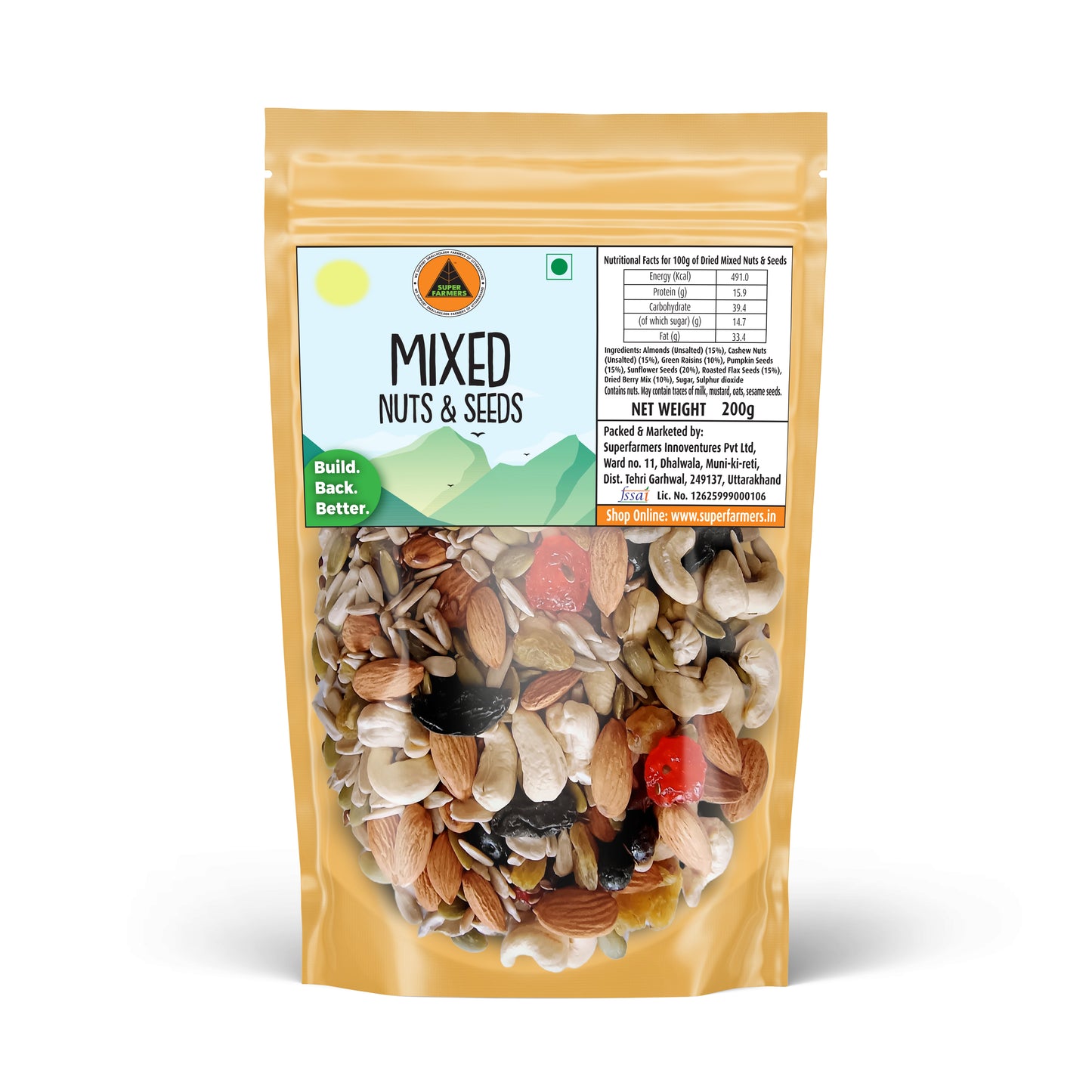 Superfarmers Mixed Nuts & Seeds 200g stand-up pouch with a clear window showing the roasted blend of nuts, seeds, and dried fruits.