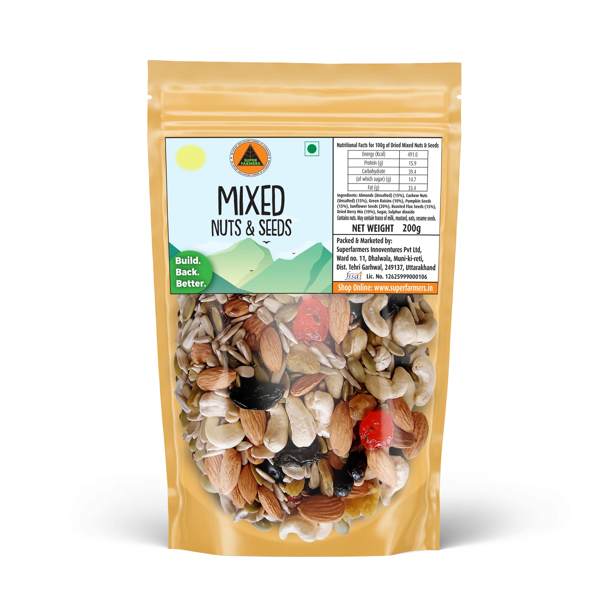 Superfarmers Mixed Nuts & Seeds 200g stand-up pouch with a clear window showing the roasted blend of nuts, seeds, and dried fruits.