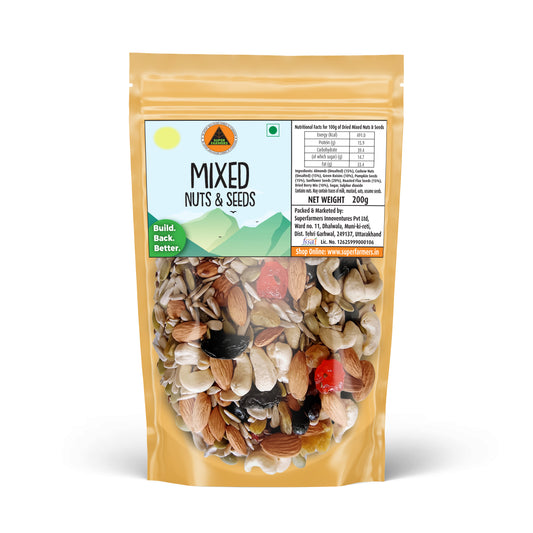 Superfarmers Mixed Nuts & Seeds 200g stand-up pouch with a clear window showing the roasted blend of nuts, seeds, and dried fruits.