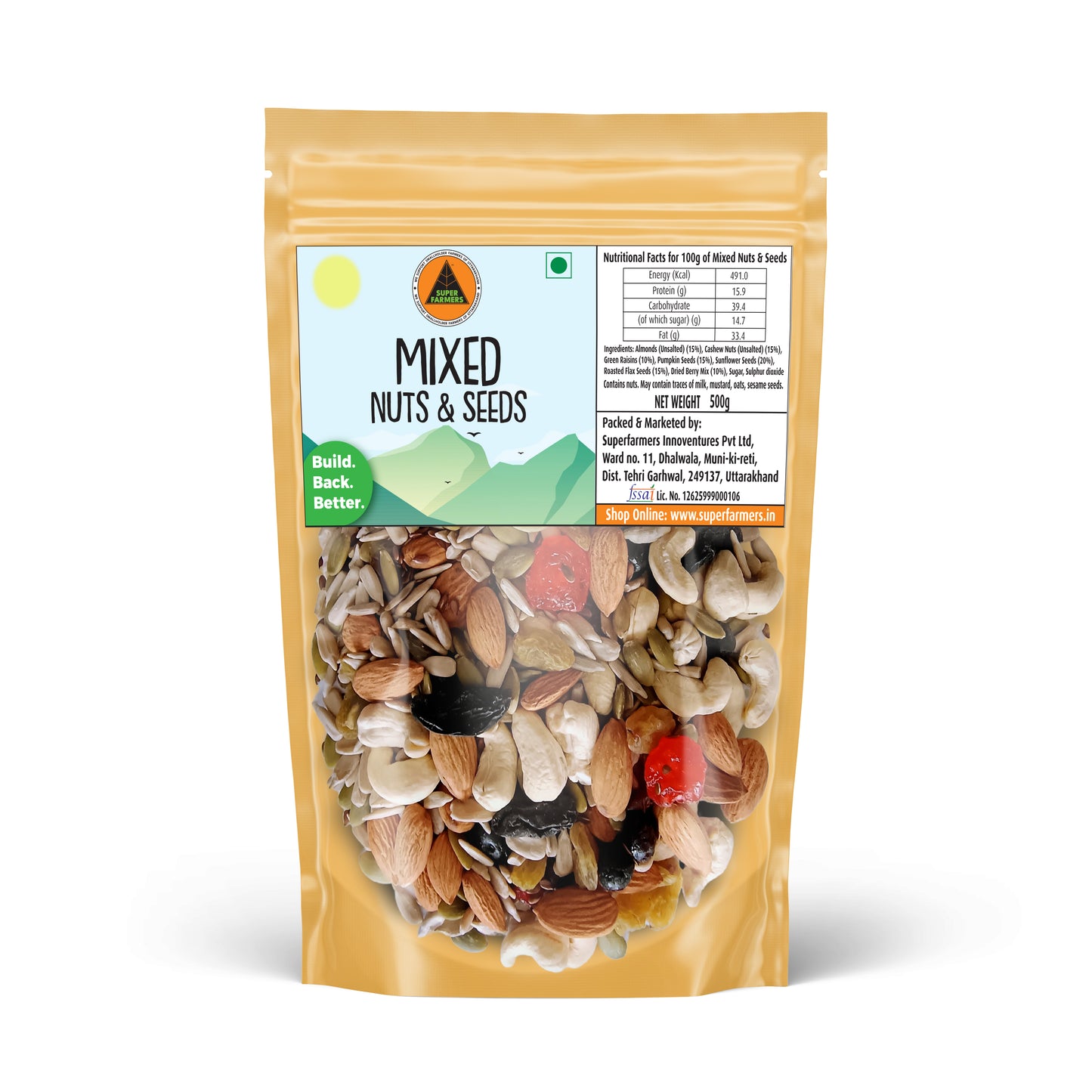 Superfarmers Mixed Nuts & Seeds 500g stand-up pouch with a clear window showing the roasted blend of nuts, seeds, and dried fruits.