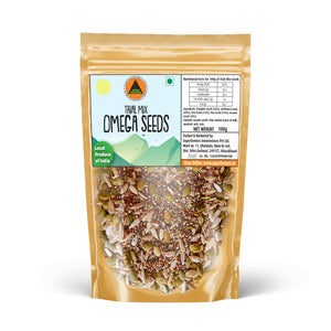 Superfarmers Trail Mix Omega Seeds 100g pouch showing a vibrant mix of green pumpkin seeds and striped sunflower seeds.