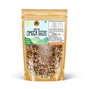 Superfarmers Trail Mix Omega Seeds 250g pouch showing a vibrant mix of green pumpkin seeds and striped sunflower seeds.