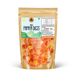 Superfarmers Dried Papaya Dices 200g resealable pouch showing vibrant orange and yellow cubed papaya pieces through a transparent window.