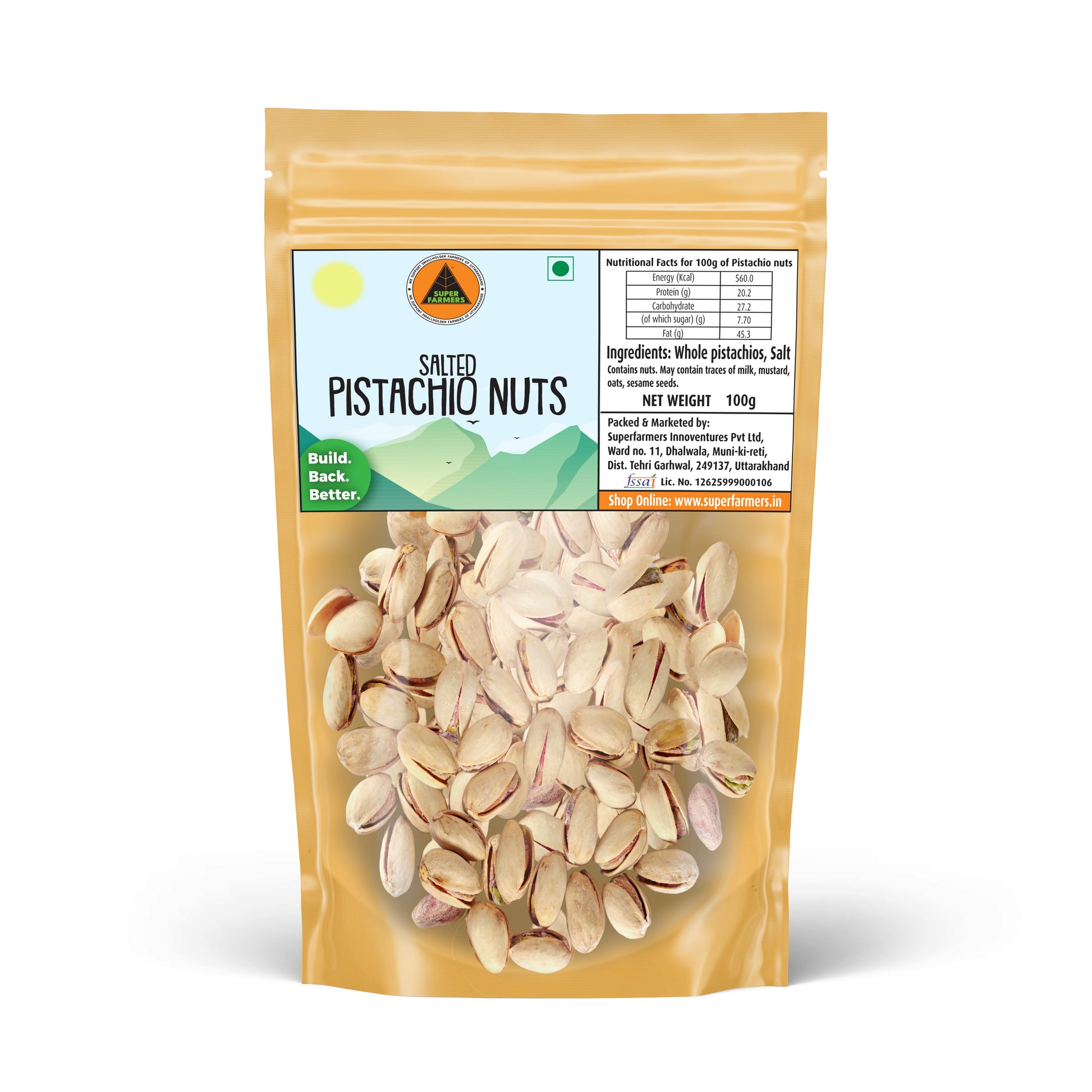 Superfarmers salted pistachio nuts 100g pack roasted pista